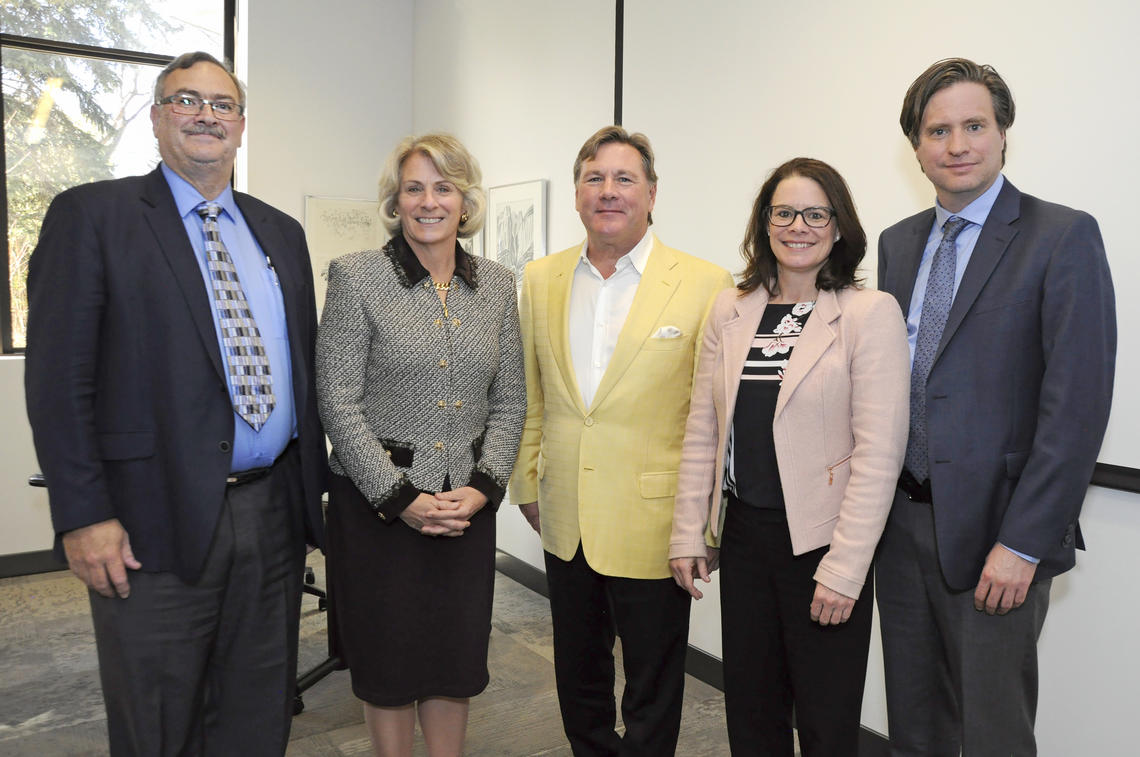 The Canary Foundation, the world's top fundraiser for early detection of cancer, is now backing research at the University of Calgary. From left: Jon Meddings, dean of the Cumming School of Medicine; Elizabeth Cannon, president and vice-chancellor of the University of Calgary; Don Listwin, founder and chairman of the Canary Foundation; Tina Rinker, lead, Early Cancer Detection Initiative; Bill Rosehart, dean of the Schulich School of Engineering. 